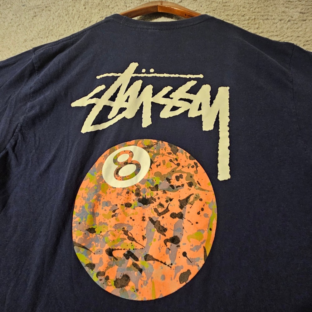 Stussy 8 Ball Splatter Graphic T-Shirt Mens Large Navy Blue Short Sleeve Tee